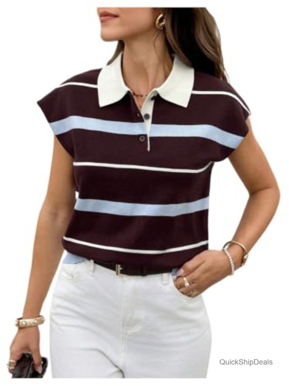 Striped Sweater Vest Cap Sleeve Collared Rugby Knit Top Button Up Preppy